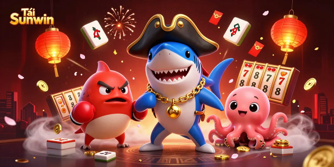 Tải Sunwin showcases an energetic scene with vibrant characters and rich gambling symbols for engaged players.