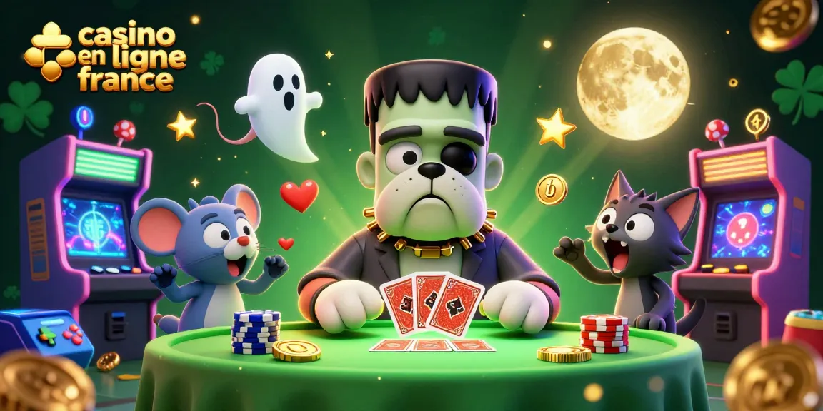 Découvrez le casino en ligne France avec un bulldog Frankenstein et un chaton loup dans une ambiance de jeu excitante.