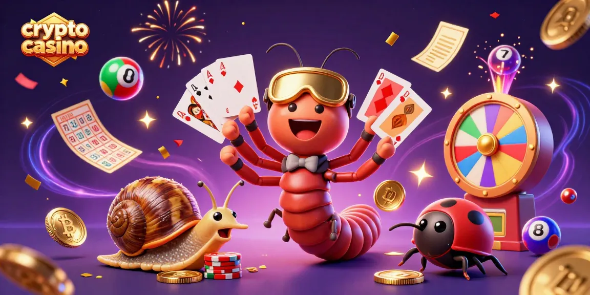 Jouez au crypto casino avec nos personnages charmants, des cartes de jeu et des jetons colorés en arrière-plan.