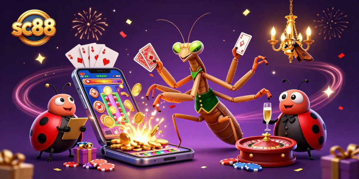 Play slots and win with sc88 at this colorful casino illustration featuring exciting gaming elements.
