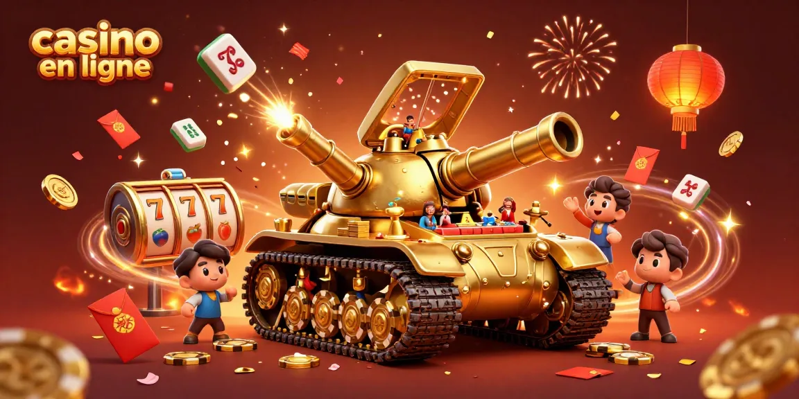 Découvrez le casino en ligne avec un tank en forme de scarabée doré et des éléments festifs.
