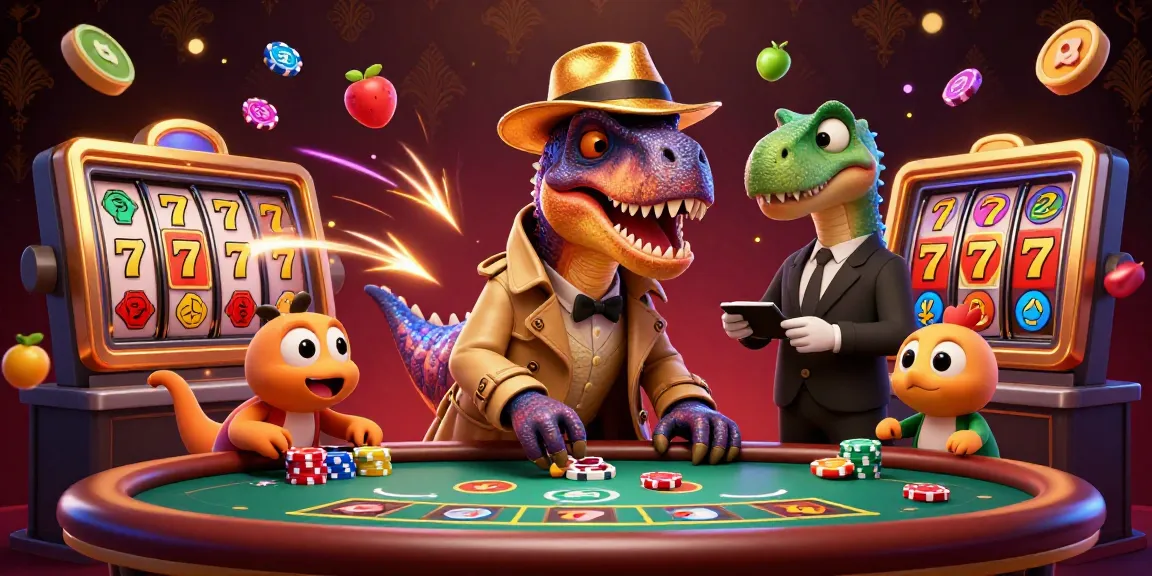 Jouez à des jeux de casino en ligne avec un raptor et un directeur de casino, ambiance colorée.