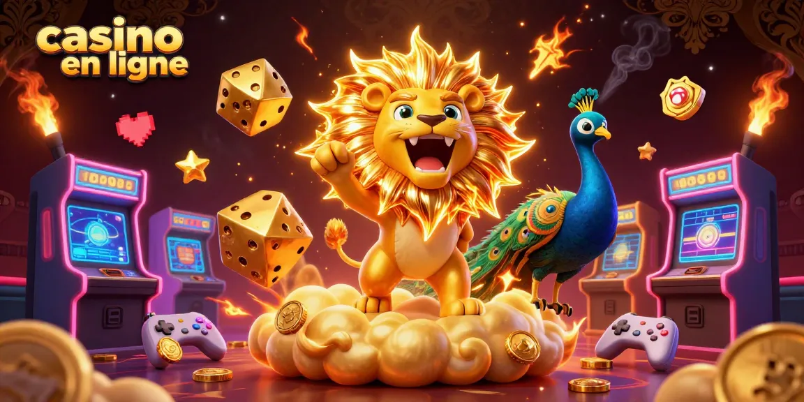 Jouez au casino en ligne avec excitation grâce à cette illustration captivante du lion et des dés en or.