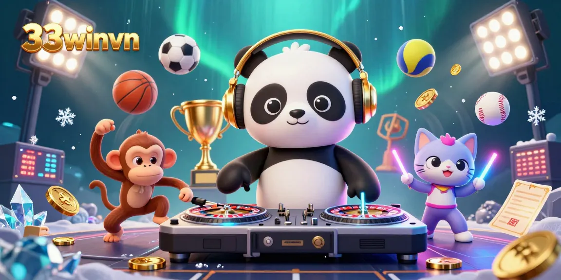 Engage with exciting casino moments in 33winvn where a DJ panda spins while a breakdancing monkey and a glow-stick kitten dance.