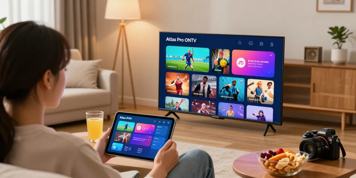 Profitez de l'application atlas pro ontv sur une Smart TV dans un salon moderne, ambiance chaleureuse.