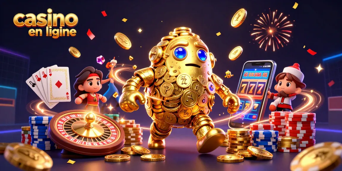 Illustre votre expérience de casino en ligne avec un golem doré et des éléments de jeu colorés.