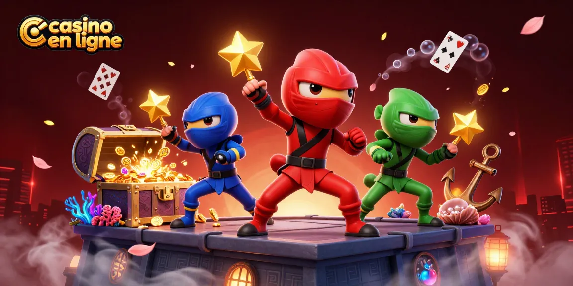 Action de jeu dynamique sur casino en ligne avec des chameleons ninjas luttant pour des gains en or.