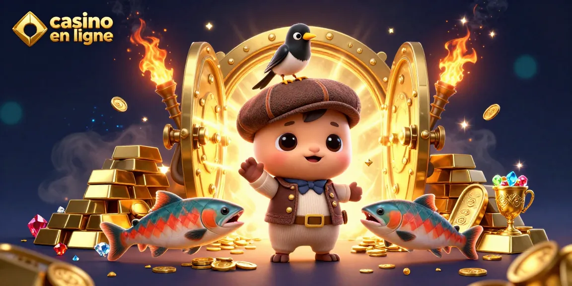 Jouez au casino en ligne avec des personnages colorés dans une scène festive remplie de trésors.