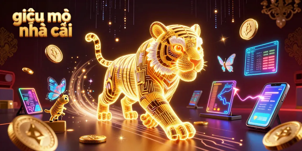 Engage with the vibrant digital casino depicted by giải mã nhà cái, featuring a stylish tiger and glowing cryptocurrencies.