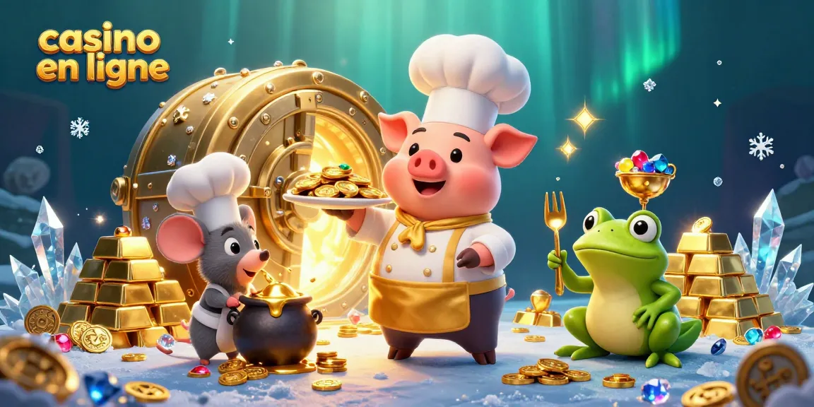 Découvrez une scène joyeuse de cuisine autour de casino en ligne, avec un chef, une souris et une grenouille.