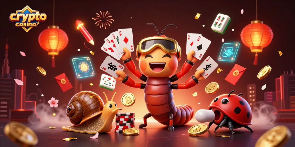 Illustration d'un casino crypto vibrant, mettant en vedette un millepattes croupier et des pièces de Bitcoin, cartes et lanternes.
