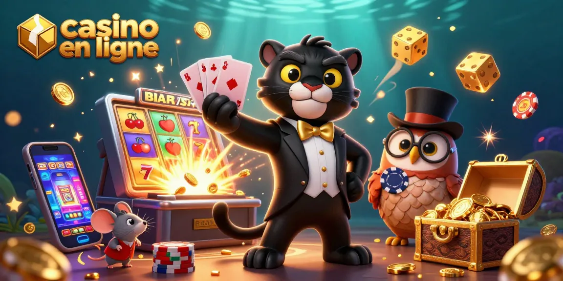 Visualisez un casino en ligne animé avec une panthère en costume, une chouette et une souris, entourés de machines à sous et de jetons.