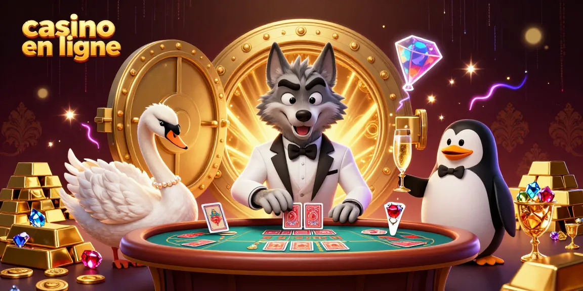 Le casino en ligne propose une illustration dynamique avec un loup élégant et des jeux de cartes.