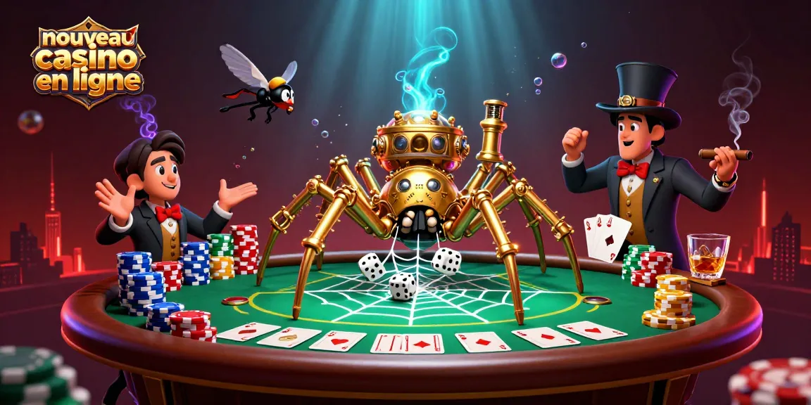 Visualisez un web doré de casino, animé, avec une énorme araignée et des dés piégés dans le nouveau casino en ligne.