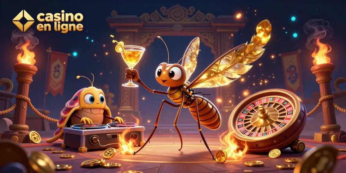 Une illustration dynamique du casino en ligne avec un moustique 3D, un DJ trilobite et une roue de roulette.