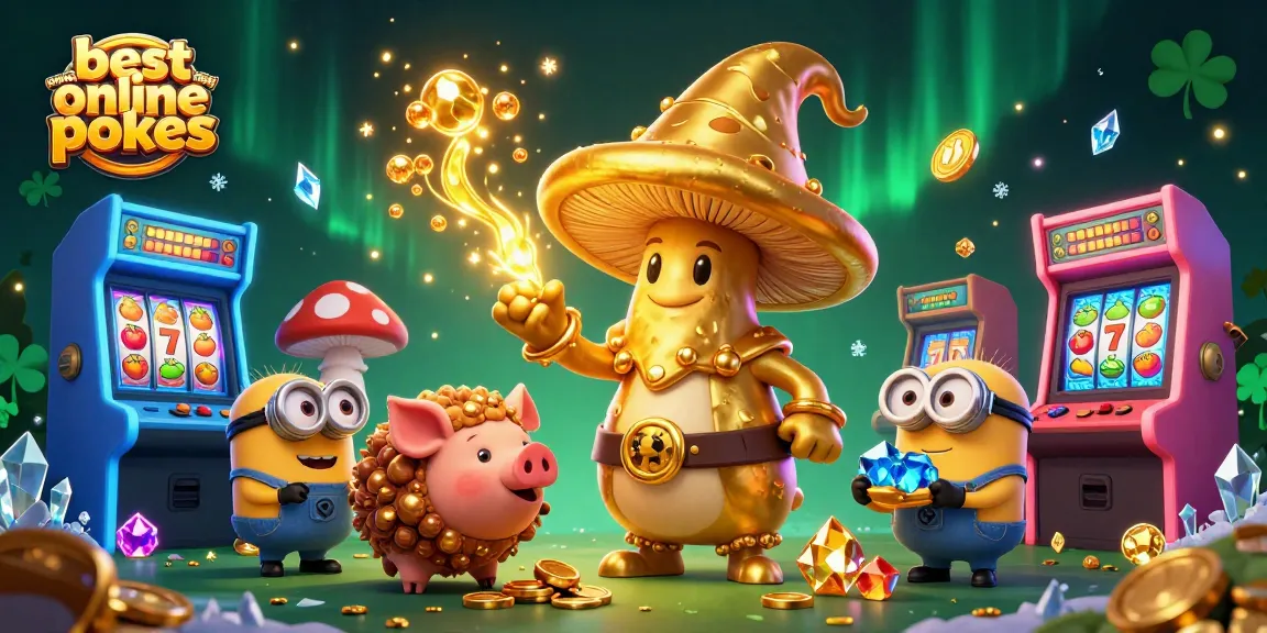 Play the best online pokies real money in a vibrant scene with magical characters, slot reels, and treasure.