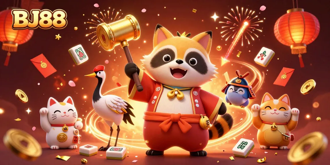 Experience thrilling gaming adventures at BJ88 with a vibrant 3D rendition showcasing festive characters and lucky symbols.