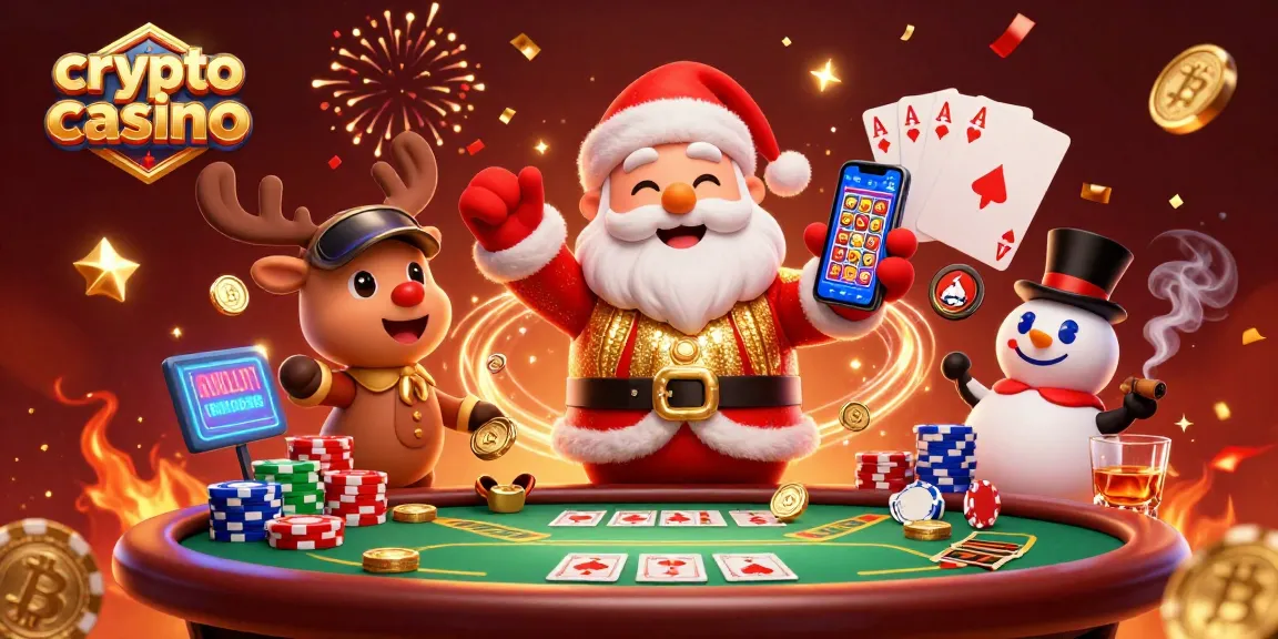 Illustration animée d'un crypto casino montrant le père Noël, son renne et un bonhomme de neige en pleine action.