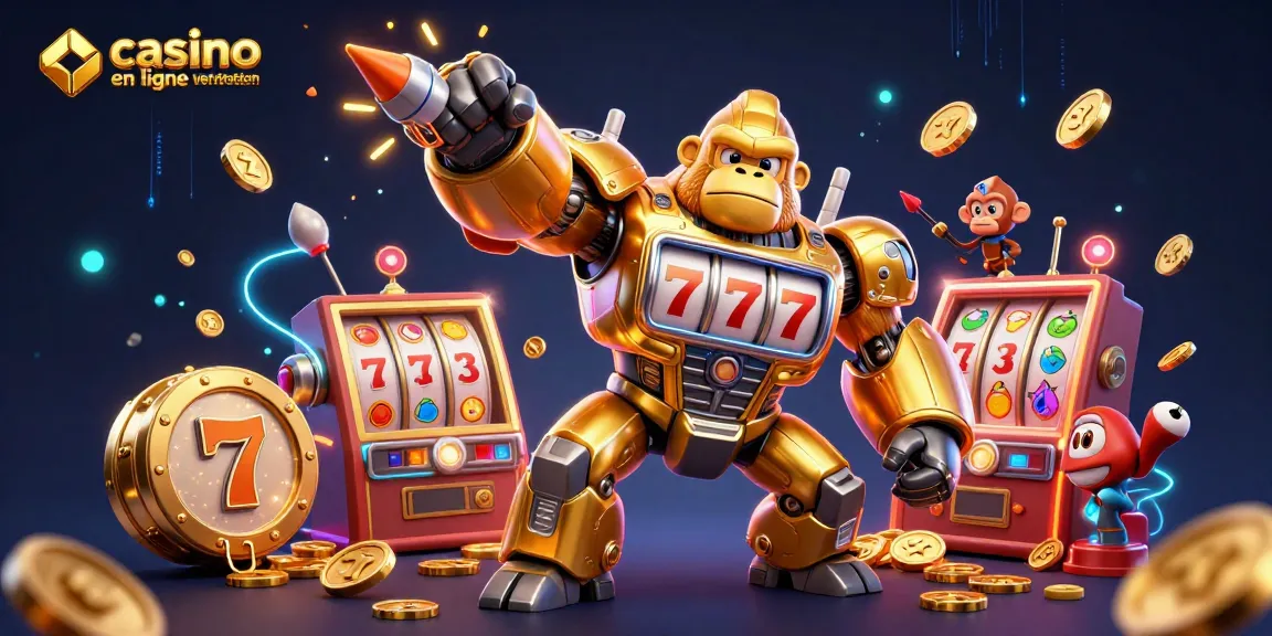 Rejoignez l'action du casino en ligne sans vérification avec un gorille mech et des roulettes scintillantes.