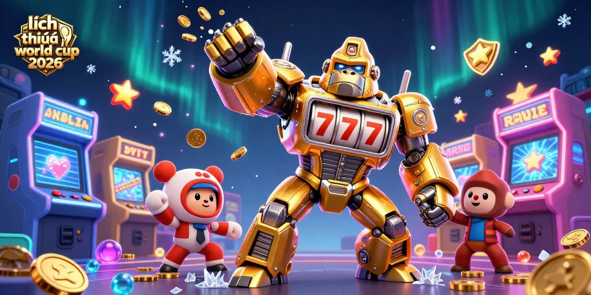 Experience the excitement of lịch thi đấu world cup 2026 with a dynamic golden gorilla mech and vibrant arcade elements.