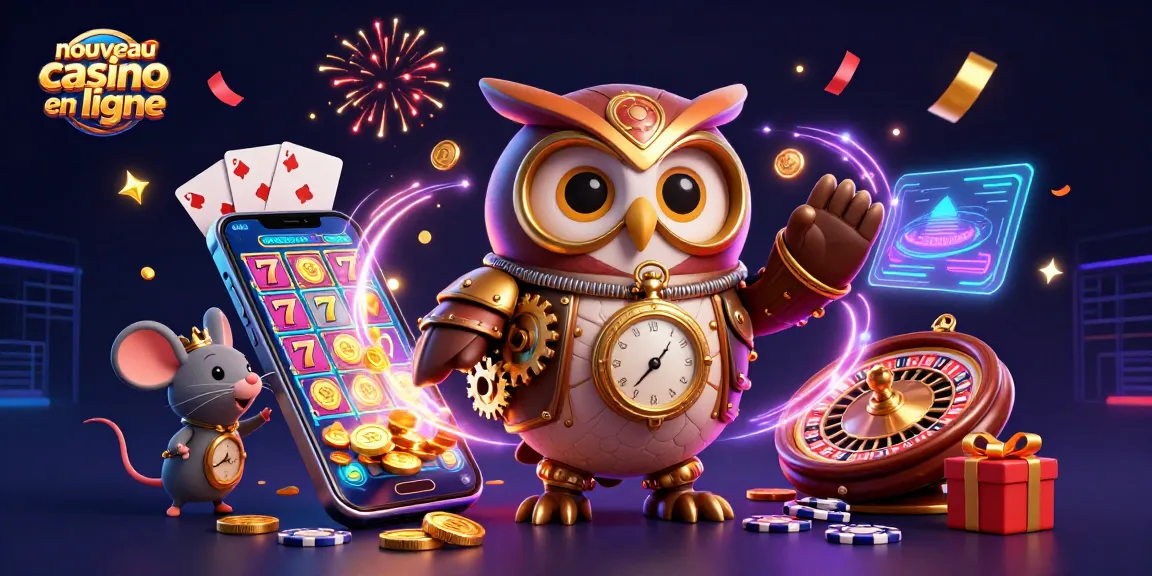 Visitez le nouveau casino en ligne avec une illustration 3D riche en éléments comme un hibou et une souris steampunk.