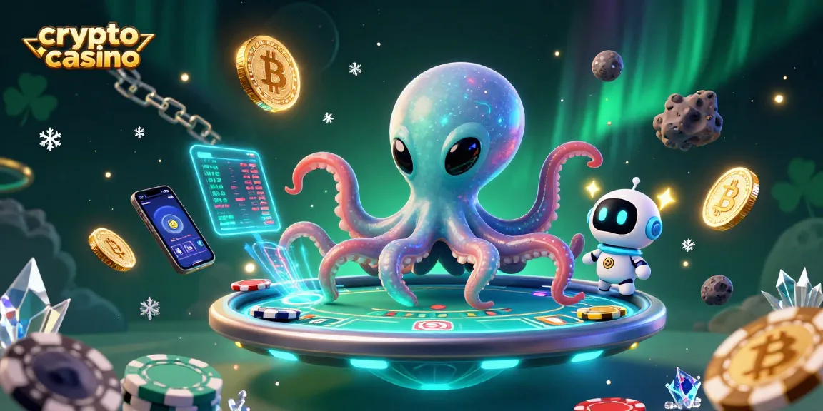 Jeu dans un crypto casino avec une pieuvre extraterrestre et un robot, entourés de jetons et de pièces numériques.