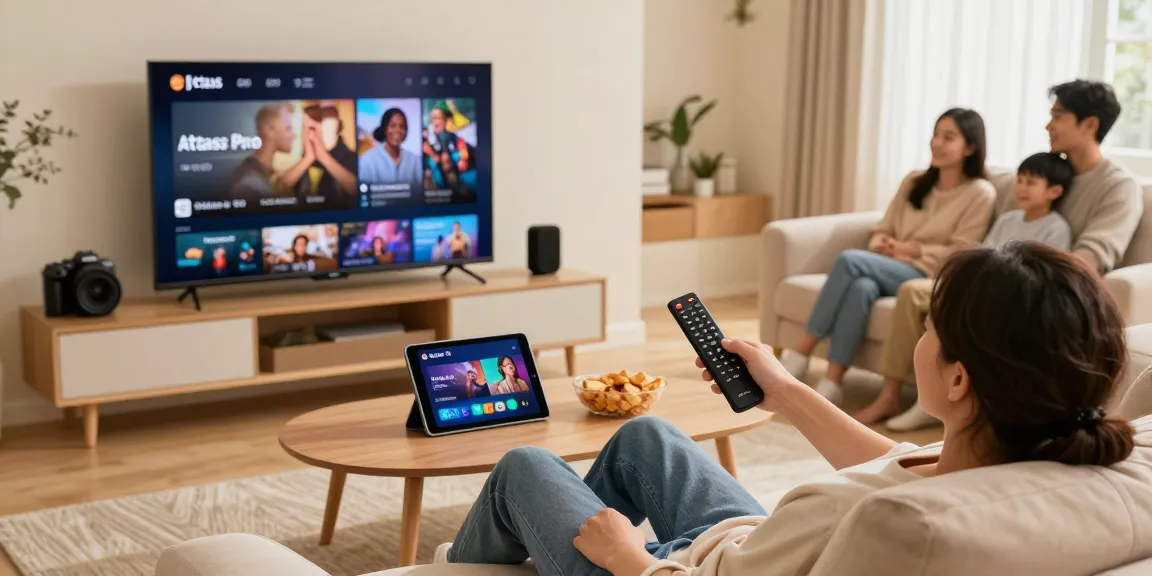 Profitez d'Atlas pro ontv dans un salon moderne, regardant des chaînes IPTV en famille.