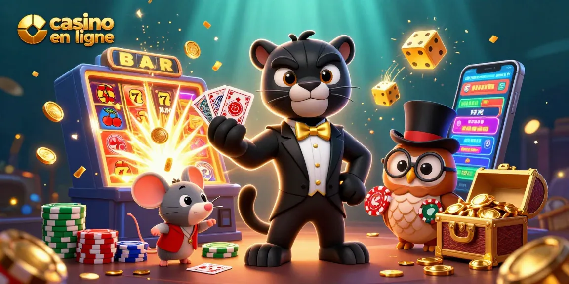 Une illustration de casino en ligne montrant une panthère en costume qui distribue des cartes avec des jetons de poker, un hibou et une souris chanceuse.