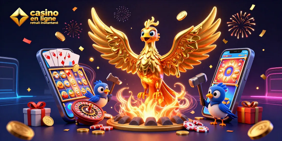 Gagnez avec le casino en ligne retrait instantané, présentant un phoenix doré émergeant d'une forge.