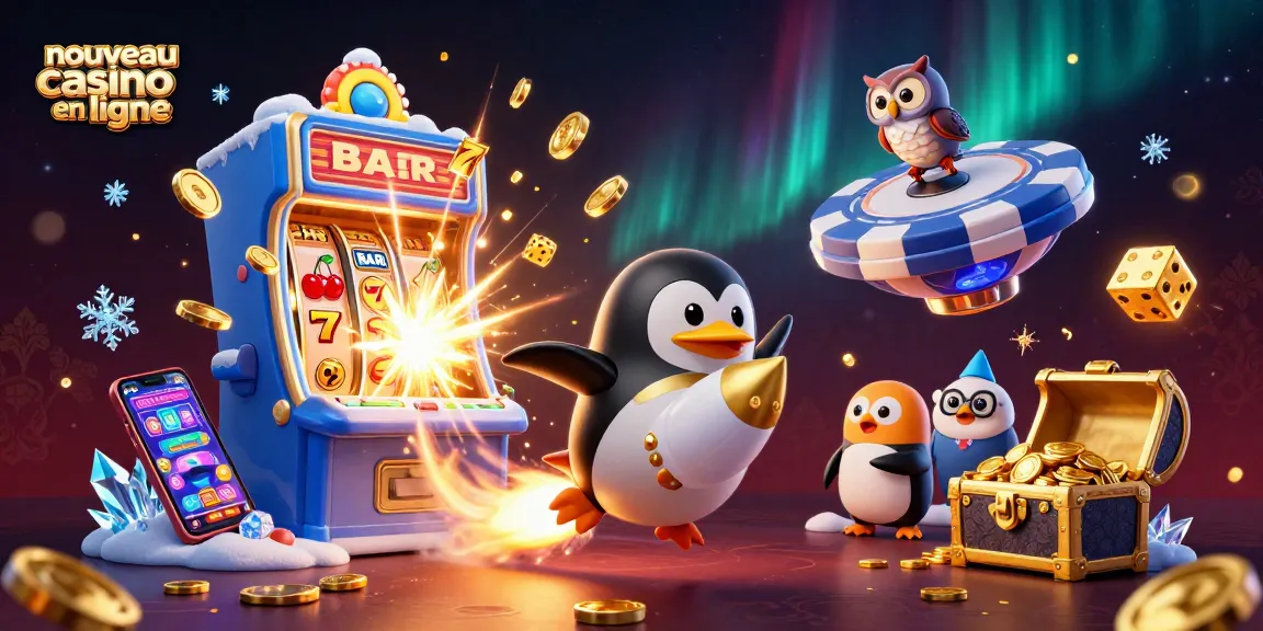 Le nouveau casino en ligne révèle une scène captivante avec un pingouin doré et des machines à sous.